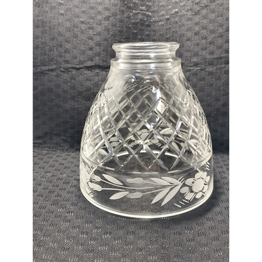 Vintage Lead Crystal Glass Replacement Lamp Shade Diamond Cut Etched Flower Leaf